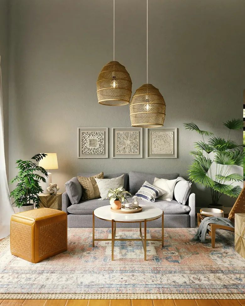 Living room with rattan pendants and layered textiles